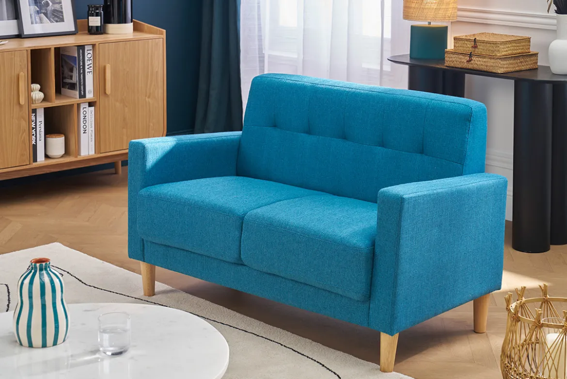 Canapé scandinave 2 places en tissu bleu canard et bois clair MOON