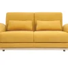 Canapé scandinave 2 places en tissu effet velours jaune moutarde et bois clair EKTOR