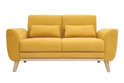 Canapé scandinave 2 places en tissu effet velours jaune moutarde et bois clair EKTOR
