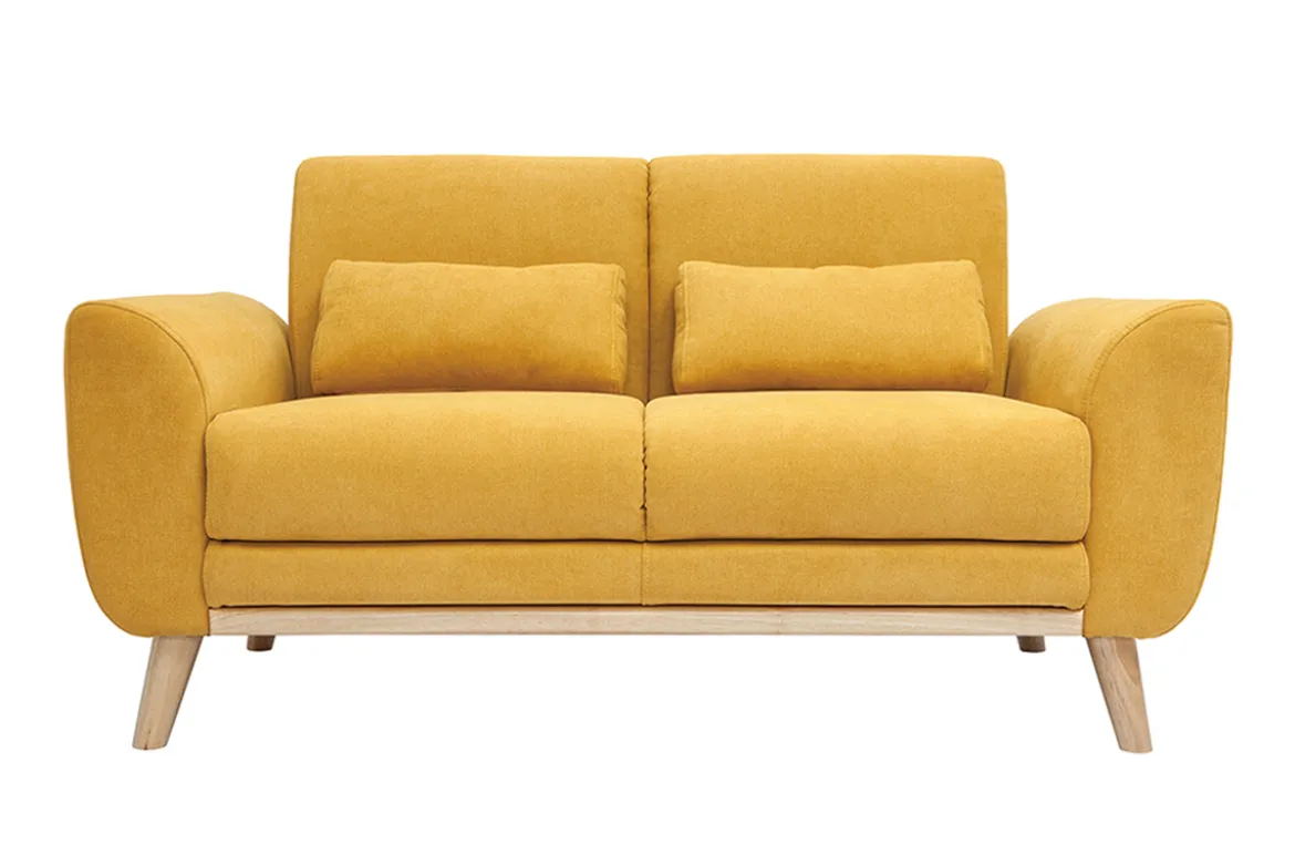 Canapé scandinave 2 places en tissu effet velours jaune moutarde et bois clair EKTOR