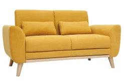 Canapé scandinave 2 places en tissu effet velours jaune moutarde et bois clair EKTOR