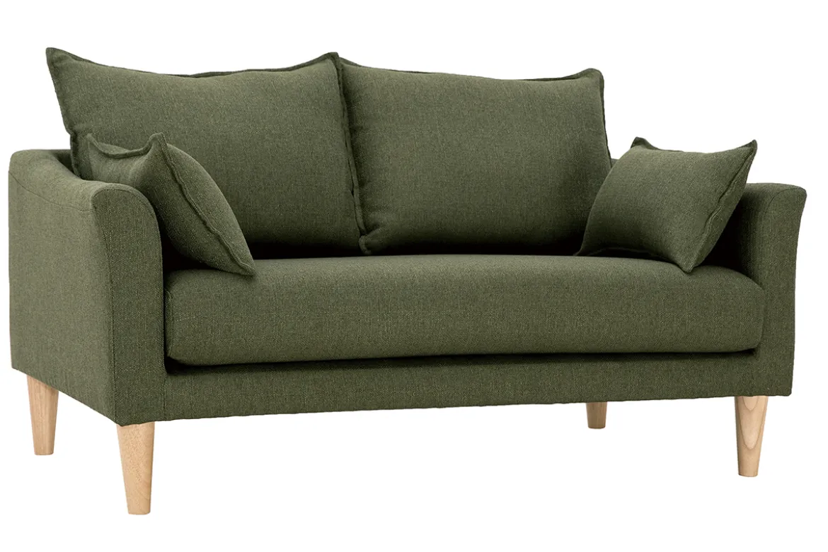 Canapé scandinave 2 places en tissu vert kaki et bois clair KATE
