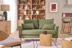 Canapé scandinave 2 places en tissu vert kaki et bois clair KATE