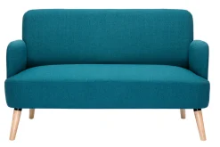 Canapé scandinave 2 places en tissu bleu canard et bois clair ISKO