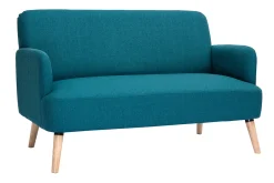Canapé scandinave 2 places en tissu bleu canard et bois clair ISKO