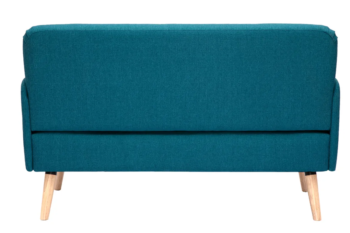 Canapé scandinave 2 places en tissu bleu canard et bois clair ISKO