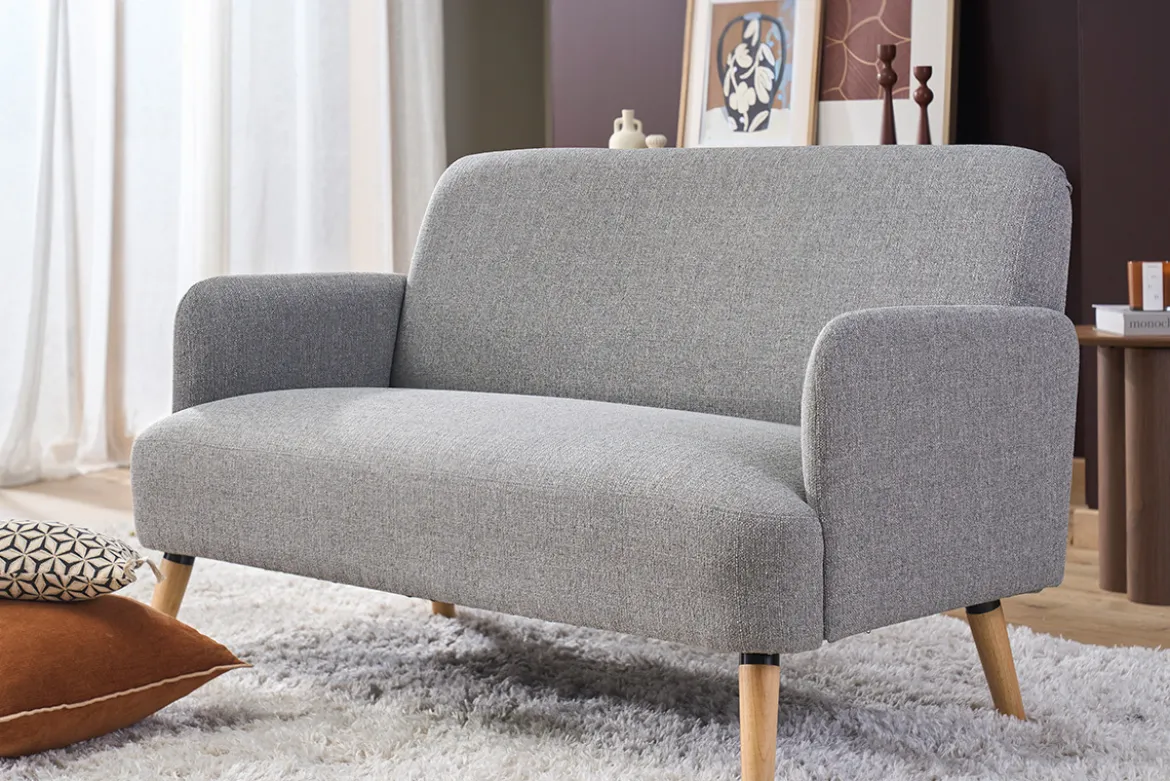 Canapé scandinave 2 places en tissu bleu canard et bois clair ISKO