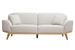 Canapé scandinave 3 places en tissu effet velours texturé beige et bois clair FREEMA