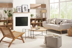 Canapé scandinave 3 places en tissu effet velours texturé beige et bois clair FREEMA