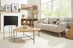 Canapé scandinave 3 places en tissu effet velours texturé beige et bois clair FREEMA