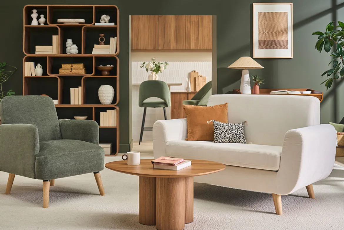 Canapé scandinave 2 places en tissu beige et bois clair PURE