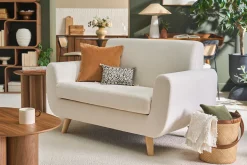 Canapé scandinave 2 places en tissu beige et bois clair PURE
