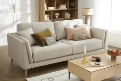 Canapé scandinave 3 places en tissu beige naturel et bois clair VOGUE