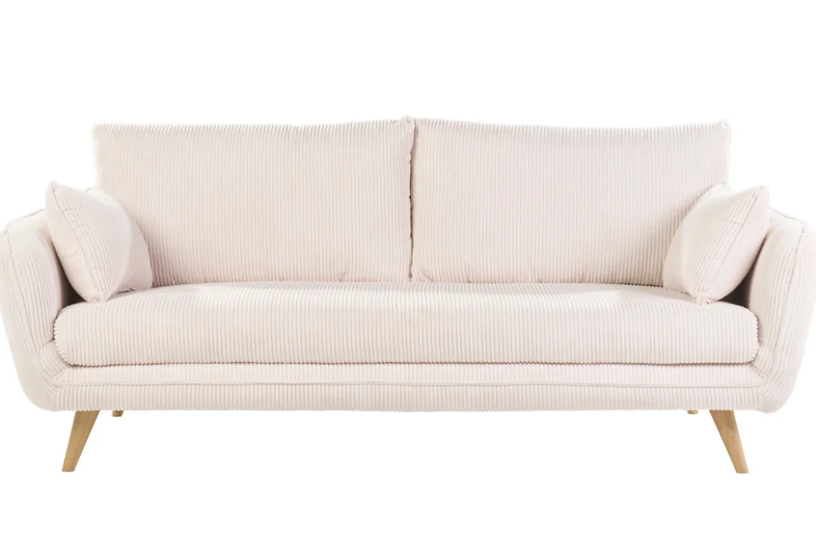 Canapé scandinave 3 places en tissu velours côtelé écru et bois clair CREEP