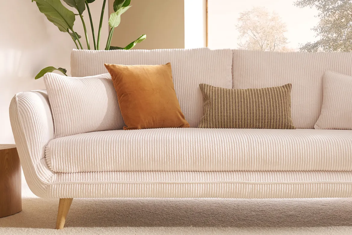 Canapé scandinave 3 places en tissu velours côtelé écru et bois clair CREEP