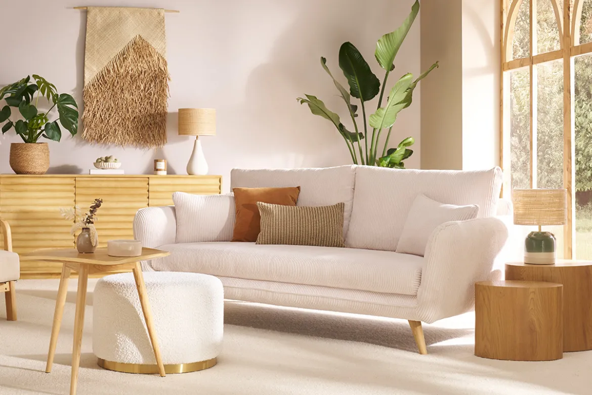 Canapé scandinave 3 places en tissu velours côtelé écru et bois clair CREEP