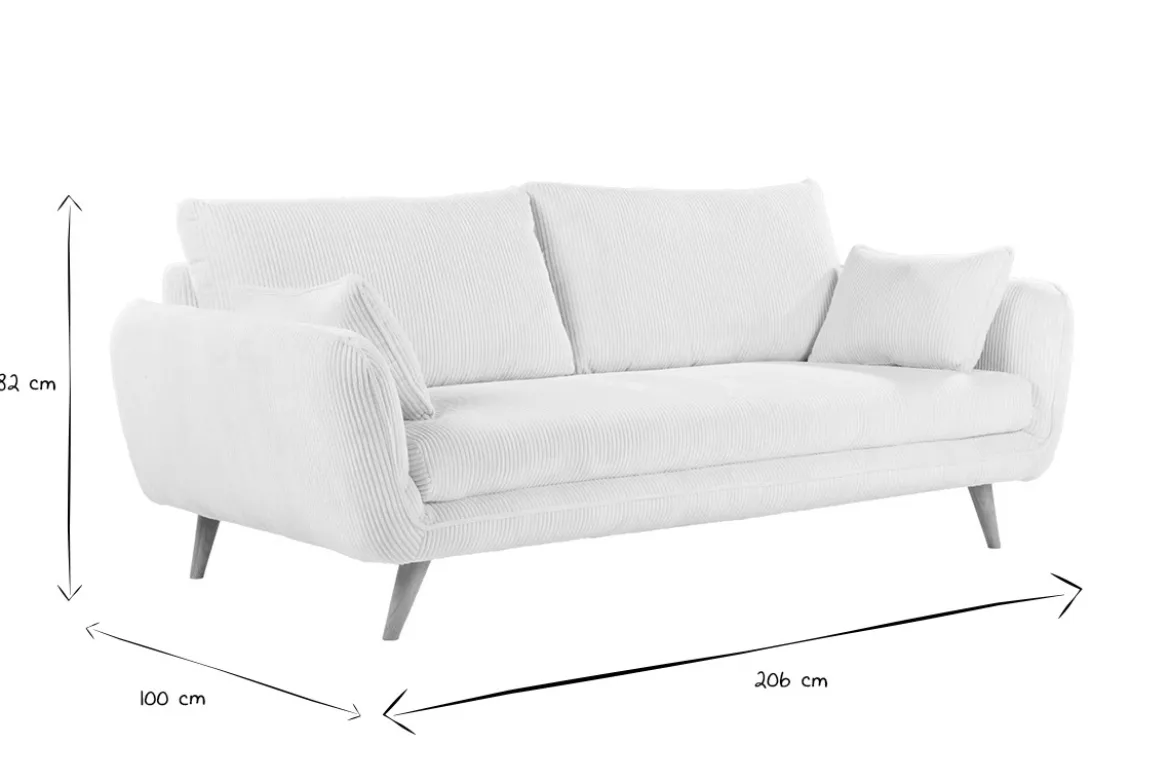 Canapé scandinave 3 places en tissu velours côtelé écru et bois clair CREEP