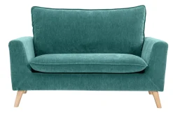 Canapé scandinave 2 places en tissu effet velours bleu canard et bois clair JONAS