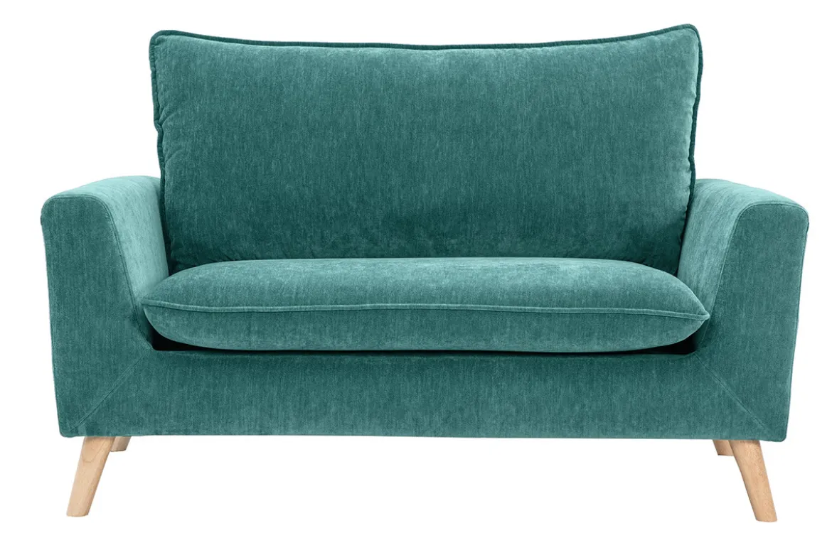 Canapé scandinave 2 places en tissu effet velours bleu canard et bois clair JONAS