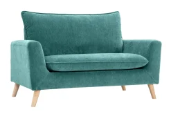 Canapé scandinave 2 places en tissu effet velours bleu canard et bois clair JONAS