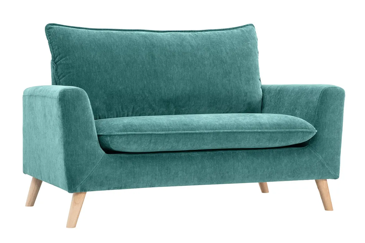 Canapé scandinave 2 places en tissu effet velours bleu canard et bois clair JONAS