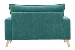 Canapé scandinave 2 places en tissu effet velours bleu canard et bois clair JONAS