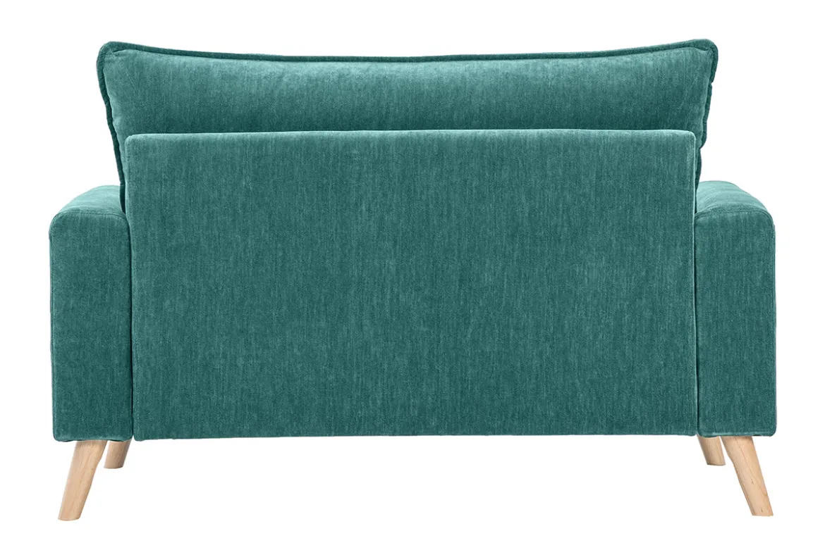 Canapé scandinave 2 places en tissu effet velours bleu canard et bois clair JONAS