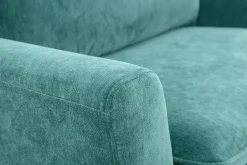 Canapé scandinave 2 places en tissu effet velours bleu canard et bois clair JONAS