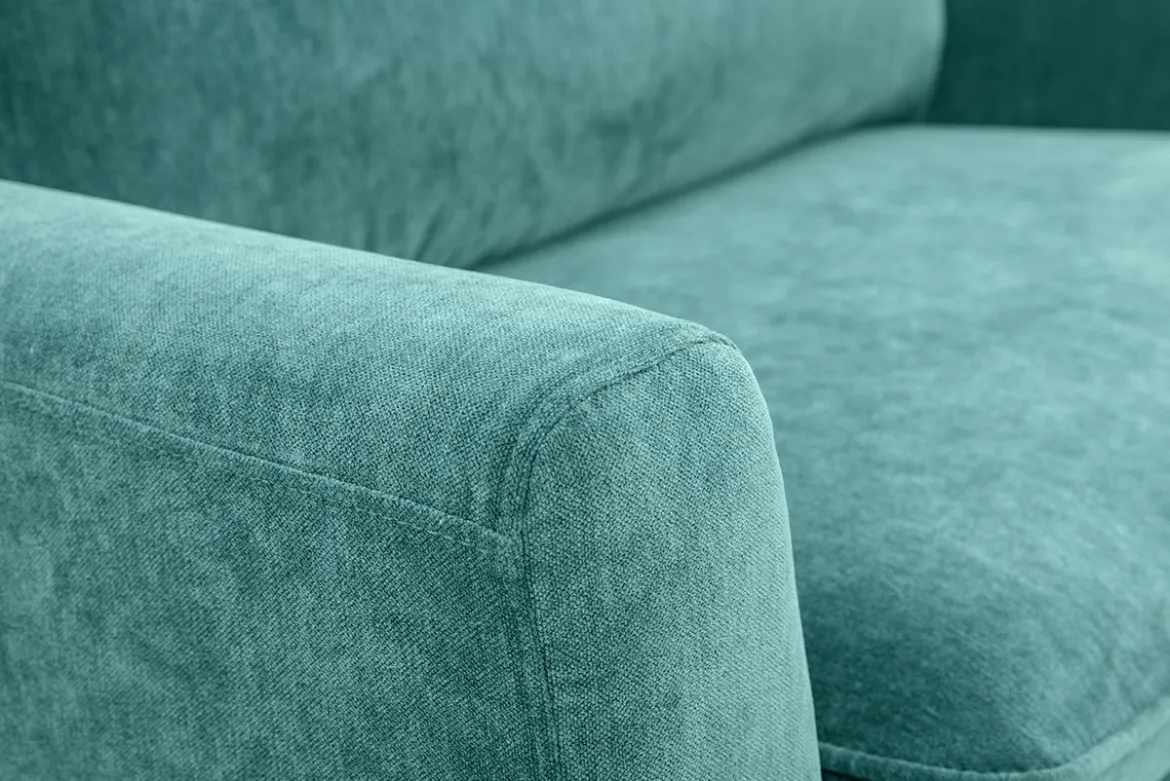 Canapé scandinave 2 places en tissu effet velours bleu canard et bois clair JONAS
