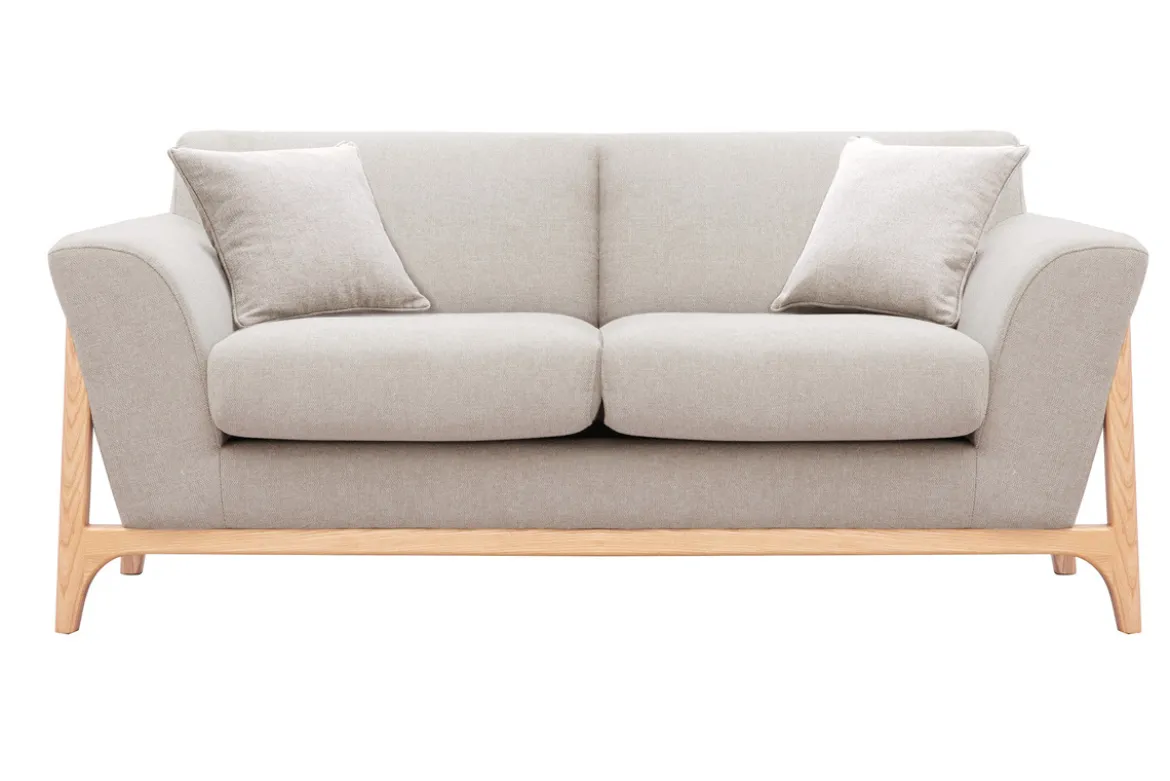 Canapé scandinave 2 places en tissu effet velours texturé beige et bois clair ASAKO