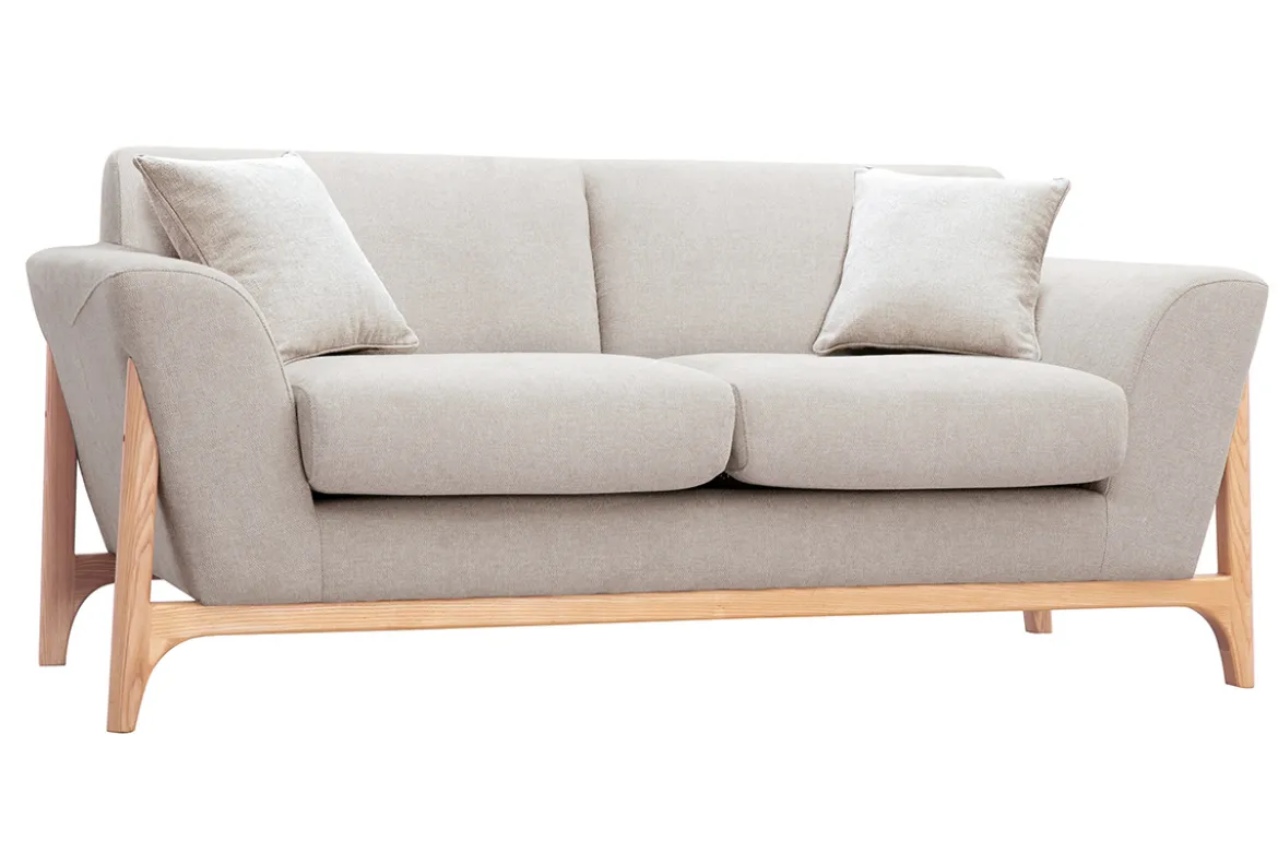 Canapé scandinave 2 places en tissu effet velours texturé beige et bois clair ASAKO