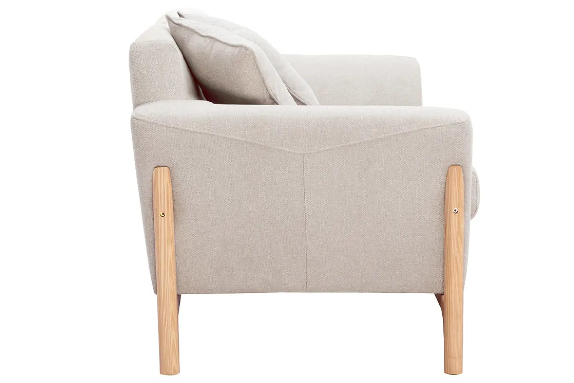 Canapé scandinave 2 places en tissu effet velours texturé beige et bois clair ASAKO