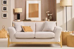 Canapé scandinave 2 places en tissu effet velours texturé beige et bois clair ASAKO