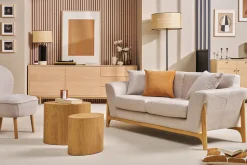 Canapé scandinave 2 places en tissu effet velours texturé beige et bois clair ASAKO