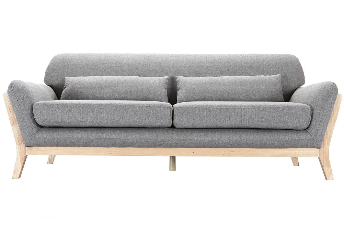 Canapé scandinave 3 places en tissu gris et bois clair YOKO