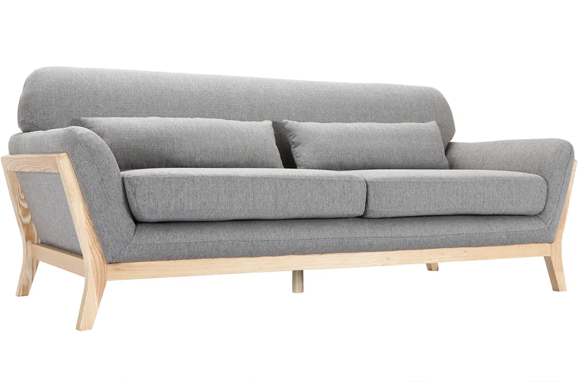 Canapé scandinave 3 places en tissu gris et bois clair YOKO