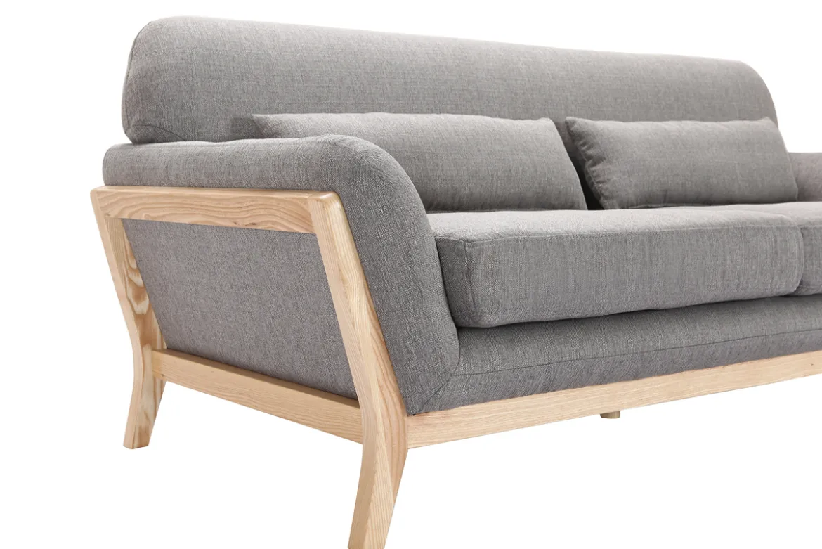Canapé scandinave 3 places en tissu gris et bois clair YOKO