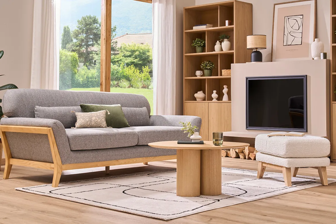 Canapé scandinave 3 places en tissu gris et bois clair YOKO