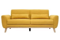 Canapé scandinave 3 places en tissu effet velours jaune moutarde et bois clair EKTOR