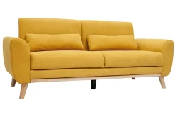 Canapé scandinave 3 places en tissu effet velours jaune moutarde et bois clair EKTOR