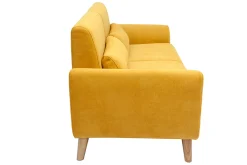 Canapé scandinave 3 places en tissu effet velours jaune moutarde et bois clair EKTOR