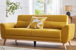 Canapé scandinave 3 places en tissu effet velours jaune moutarde et bois clair EKTOR