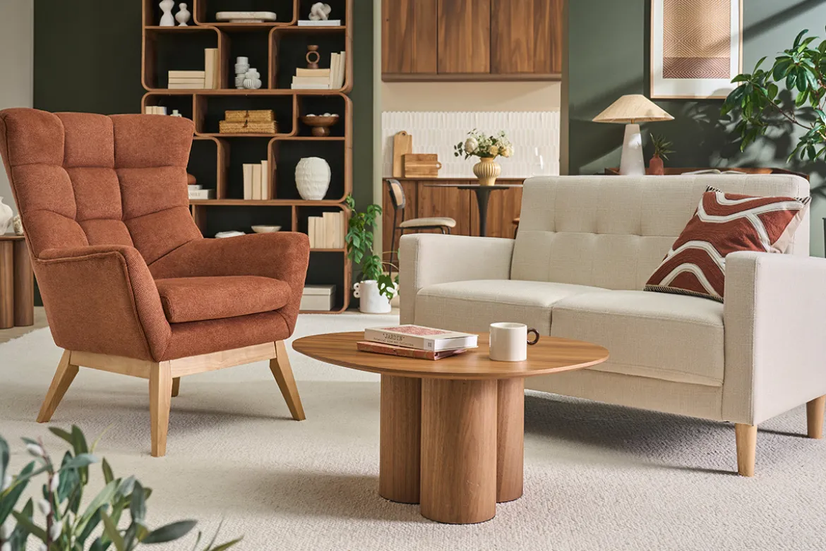 Canapé scandinave 2 places en tissu beige et bois clair MOON