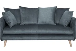 Canapé scandinave 3 places en tissu velours bleu gris et bois clair OLYMPIA