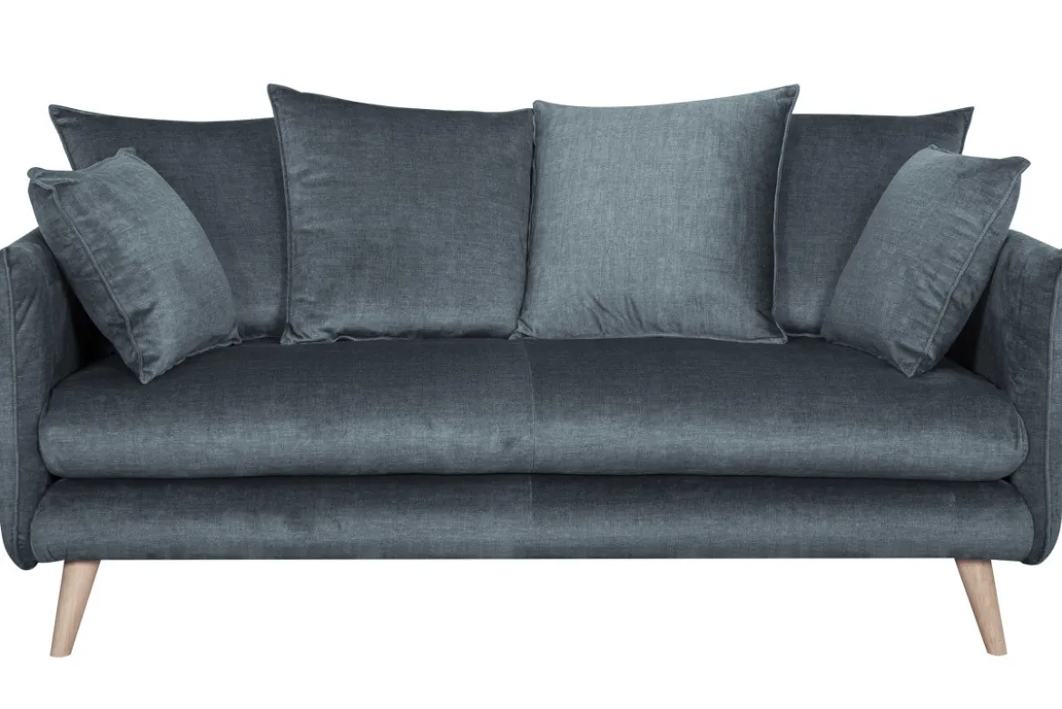 Canapé scandinave 3 places en tissu velours bleu gris et bois clair OLYMPIA