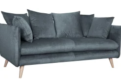Canapé scandinave 3 places en tissu velours bleu gris et bois clair OLYMPIA