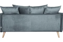 Canapé scandinave 3 places en tissu velours bleu gris et bois clair OLYMPIA