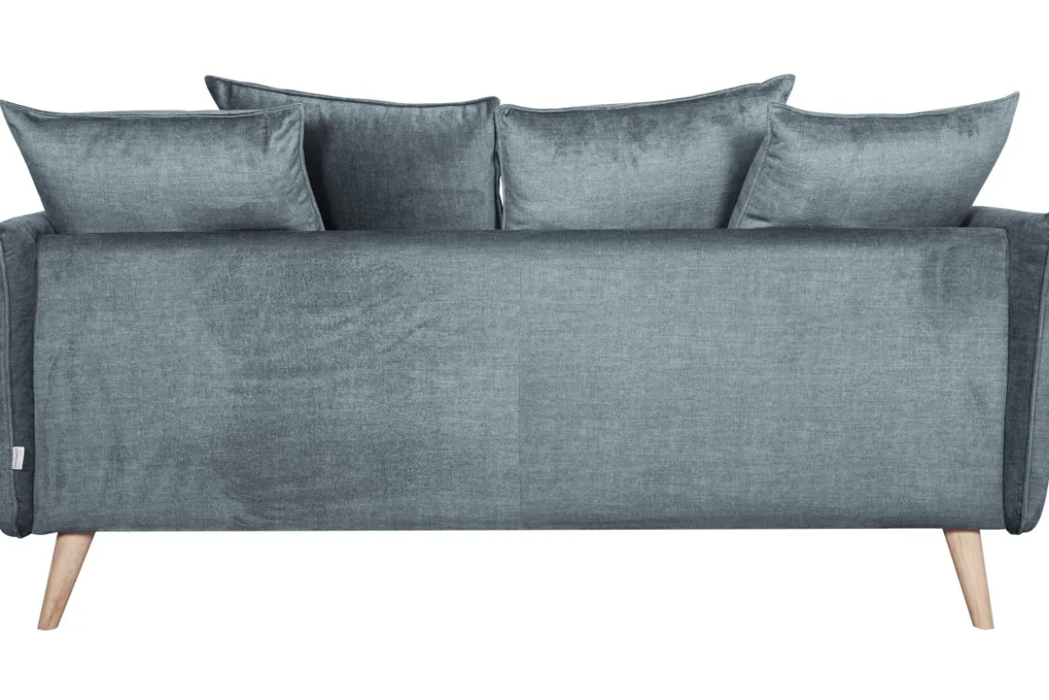 Canapé scandinave 3 places en tissu velours bleu gris et bois clair OLYMPIA