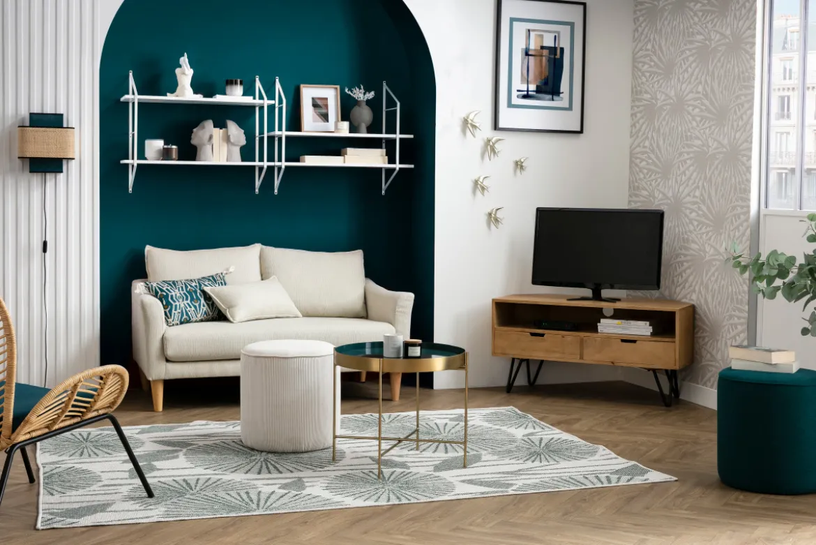 Canapé scandinave 2 places en tissu gris et bois clair KATE