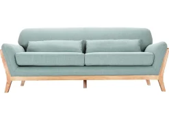 Canapé scandinave 3 places en tissu vert lagon et bois clair YOKO